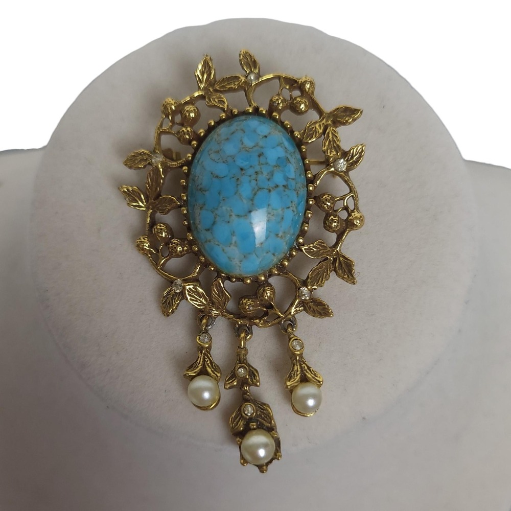 Vintage Goldette Turquoise Cabochon Victorian Revival Brooch Pin Costume Jewelry
